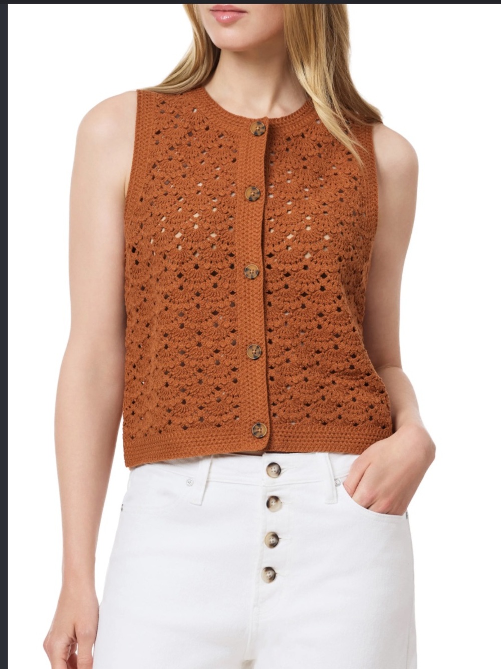 Scotch & Soda Rust Openwork Button-Front Sweater Vest